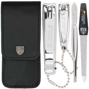 3 Swords Germany – Brand Quality 4 Piece Manicure Pedicure Grooming kit Set for Professional Finger & Toe Nail Care Tweezers File Clipper Fashion Leather case in Gift Box, Made by 3 Swords (77211)
