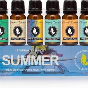 Eternal Essence Oils Summer Set of 6 Premium Fragrance Oils – Includes Watermelon, Caribbean Escape, Coconut Cream, End of The Rainbow, Pina Colada, and Summer Boardwalk Scented Oils – 10ML
