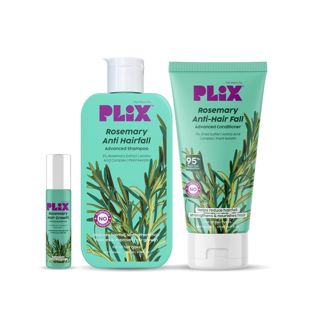 PLIX – THE PLANT FIX Rosemary Anti Hairfall Advanced Kit | Roll-On Serum (10ml) + Shampoo (200ml) + Conditioner (175 ml) | Reduces Hair Fall, Boosts Hair Growth, Strengthens Hair PLIX – THE PLANT FIX Rosemary Anti Hairfall Advanced Kit | Roll-On Serum (10ml) + Shampoo (200ml) + Conditioner (175 ml) | Reduces Hair Fall, Boosts Hair Growth, Strengthens Hair