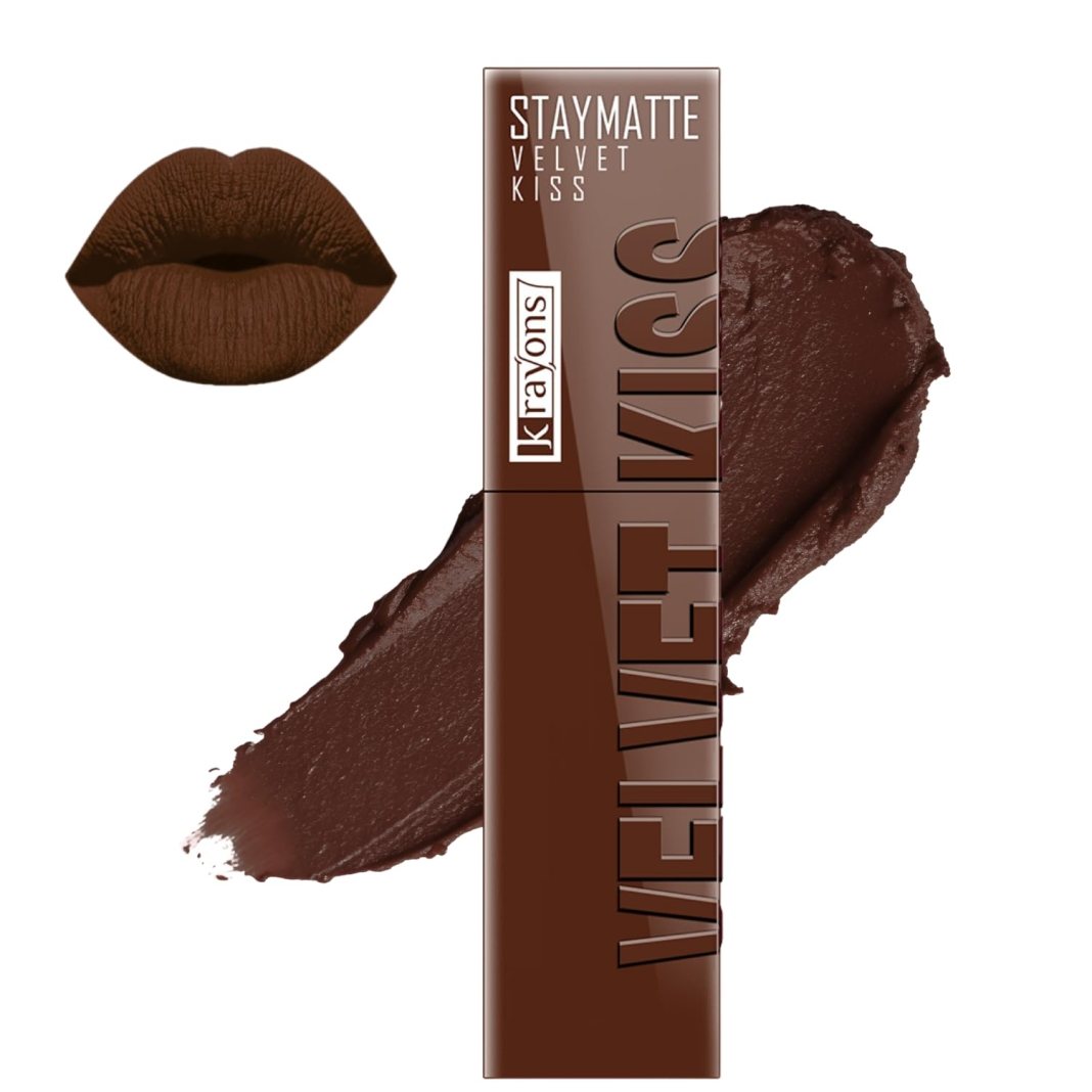 Krayons Velvet Kiss Liquid Lipstick |12hrs long stay|Intense Color Payoff | Weightless Matte Finish | Smudgeproof & Transferproof Lipstick for Women (DARK CHOCOLATE, Pack of 1) Krayons Velvet Kiss Liquid Lipstick |12hrs long stay|Intense Color Payoff | Weightless Matte Finish | Smudgeproof & Transferproof Lipstick for Women (DARK CHOCOLATE, Pack of 1)
