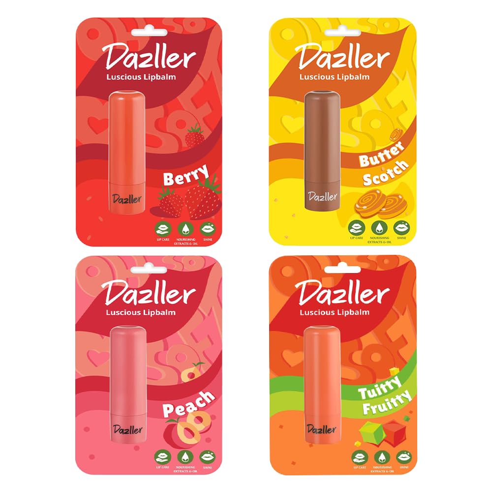 Dazller Luscious Lipbalm, 4G, Lip Bonanza Pack of 4, Lip Care Essential, Glossy Tint, Soft And Nourished Lips All Day, No Lip Discolouration, Vegan & Cruelty-Free, Multicolor Dazller Luscious Lipbalm, 4G, Lip Bonanza Pack of 4, Lip Care Essential, Glossy Tint, Soft And Nourished Lips All Day, No Lip Discolouration, Vegan & Cruelty-Free, Multicolor