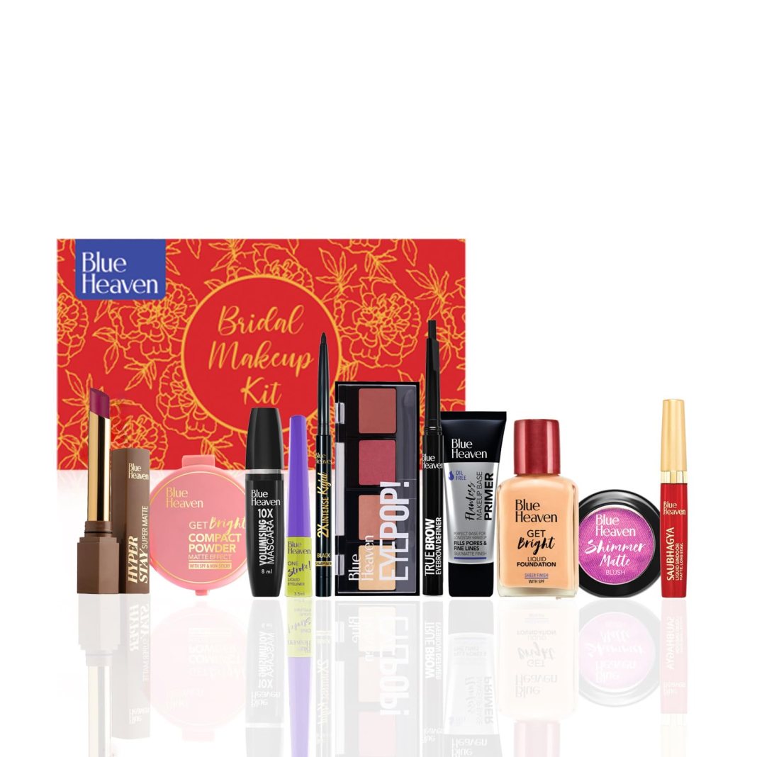 Blue Heaven All-In-One Bridal Makeup Kit for women | Pack of 11 | Primer, Foundation, Compact Powder, Eyebrow Definer, Eyeliner, Kajal, Mascara, Eyeshadow, Lipstick, Sindoor & Blush | 55.1g + 49.5ml Blue Heaven All-In-One Bridal Makeup Kit for women | Pack of 11 | Primer, Foundation, Compact Powder, Eyebrow Definer, Eyeliner, Kajal, Mascara, Eyeshadow, Lipstick, Sindoor & Blush | 55.1g + 49.5ml