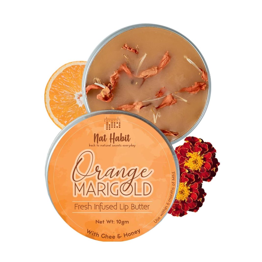 Nat Habit Orange Marigold Lip Balm Fresh Infused Lip Butter With Desi Ghee & Raw Honey For Lip Pigmentation, Lightening, Lip Repair, Dark And Chapped Lips (10gm) Nat Habit Orange Marigold Lip Balm Fresh Infused Lip Butter With Desi Ghee & Raw Honey For Lip Pigmentation, Lightening, Lip Repair, Dark And Chapped Lips (10gm)