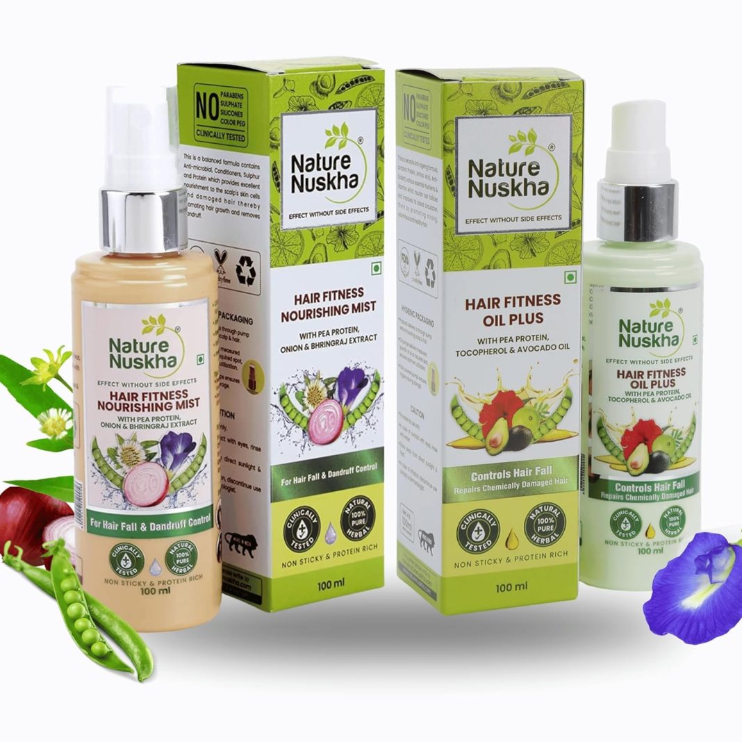 Nature Nuskha Hairfall & Anti-dandruff Hair Care Combo – Enriched with Pea Protein, Onion, Bhringraj & Avocado – 100ml Hair Oil Plus (Night Care) + 100ml Nourishing Mist (Day Care) for hair growth & nourishment Nature Nuskha Hairfall & Anti-dandruff Hair Care Combo – Enriched with Pea Protein, Onion, Bhringraj & Avocado – 100ml Hair Oil Plus (Night Care) + 100ml Nourishing Mist (Day Care) for hair growth & nourishment