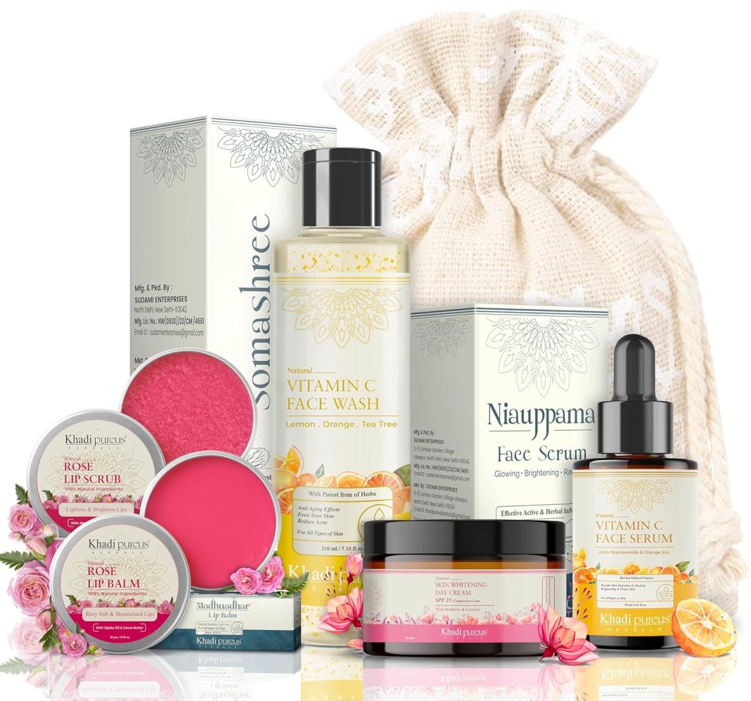PUREUS Khadi Herbals Skin Glowing Vitamin C Combo Kit For Glowing Skin & Anti Aging Fairness | Day Cream (Spf 25), Vitamin C Face Serum, & Vitamin C Face Wash + Rose Lip Balm (300 Gm) PUREUS Khadi Herbals Skin Glowing Vitamin C Combo Kit For Glowing Skin & Anti Aging Fairness | Day Cream (Spf 25), Vitamin C Face Serum, & Vitamin C Face Wash + Rose Lip Balm (300 Gm)