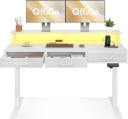 Electric Standing Desk with Drawers, 55 Inch Height Adjustable Desk with Power Outlets & LED Lights, Sit Stand Table with Monitor Stand for Home, Office, Workstation, White Electric Standing Desk with Drawers, 55 Inch Height Adjustable Desk with Power Outlets & LED Lights, Sit Stand Table with Monitor Stand for Home, Office, Workstation, White