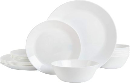 Gibson Home Ultra 18 Piece Break and Chip Resistant Dinnerware Plates and Bowls Set, Round: Service for 6, Opal Glass, White Gibson Home Ultra 18 Piece Break and Chip Resistant Dinnerware Plates and Bowls Set, Round: Service for 6, Opal Glass, White