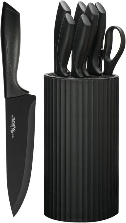 Knife Set, 8-Piece Kitchen Knife Set for Chef, Sharp Knife Set with Universal Knife Block, Anti-Rust Kitchen Knife Block Set, Ergonomical Design (Black) Knife Set, 8-Piece Kitchen Knife Set for Chef, Sharp Knife Set with Universal Knife Block, Anti-Rust Kitchen Knife Block Set, Ergonomical Design (Black)