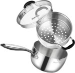 3.5 Quart Stainless Steel Saucepan with Steamer, Tri-Ply Full Body Small Multipurpose Pot with Pour Spout,Strainer Glass Lid, 3 Qt Sauce Pan for Cooking with Stay-cool Handle. 3.5 Quart Stainless Steel Saucepan with Steamer, Tri-Ply Full Body Small Multipurpose Pot with Pour Spout,Strainer Glass Lid, 3 Qt Sauce Pan for Cooking with Stay-cool Handle.