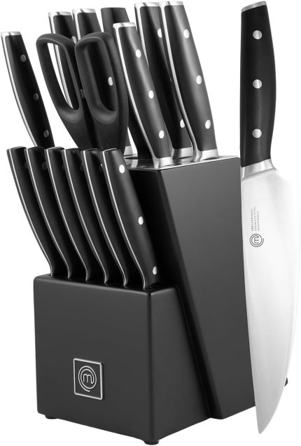 MasterChef Kitchen Knife Set with Block and Sharpener Plus Scissors, 15pc Chef Knife Set of Professional Grade Kitchen Knives with Sharpened High Carbon Stainless Steel Blades & Triple Riveted Handles MasterChef Kitchen Knife Set with Block and Sharpener Plus Scissors, 15pc Chef Knife Set of Professional Grade Kitchen Knives with Sharpened High Carbon Stainless Steel Blades & Triple Riveted Handles