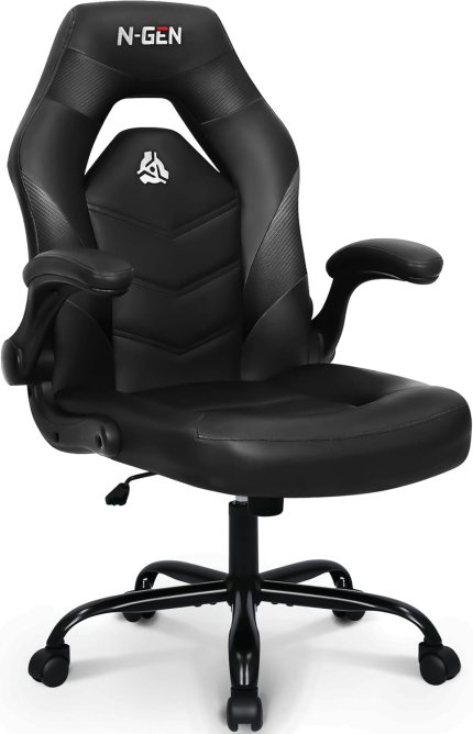 N-GEN Video Gaming Chair Ergonomic Computer Desk Office Chair with Lumbar Support Adjustable Height Swivel Wheels Flip-Up Arms PU Leather Home and Office (Black) N-GEN Video Gaming Chair Ergonomic Computer Desk Office Chair with Lumbar Support Adjustable Height Swivel Wheels Flip-Up Arms PU Leather Home and Office (Black)