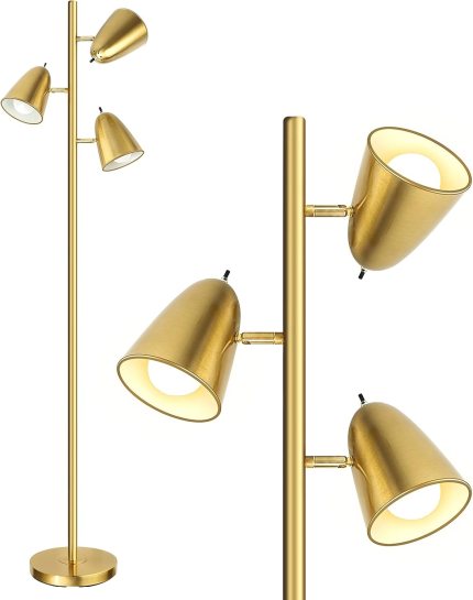 QiMH Tree Floor Lamp with 3 Light Bulbs, Standing Tall Pole Lamps for Living Room Bedroom Office, Reading Stand up Lamps with 3 Adjustable Arms, Brushed Gold QiMH Tree Floor Lamp with 3 Light Bulbs, Standing Tall Pole Lamps for Living Room Bedroom Office, Reading Stand up Lamps with 3 Adjustable Arms, Brushed Gold