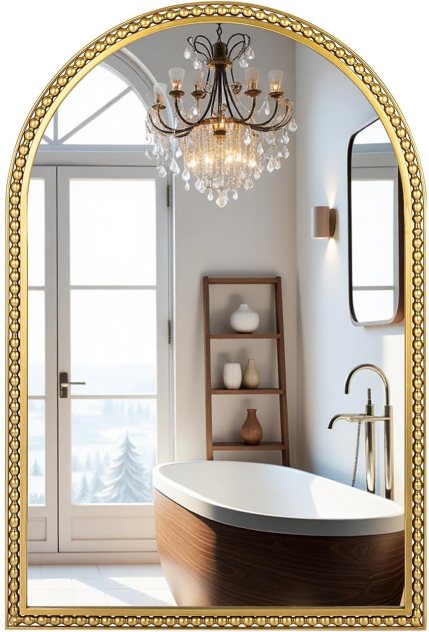 Gold Arched Wall Mirrors for Bathrooms, 24 “X36 Metal Frames with Beaded Design, Baroque Mirrors for Vanity, Wall, Over Sink, Bedroom, Living Room, Dresser, Entryway Decor Gold Arched Wall Mirrors for Bathrooms, 24 “X36 Metal Frames with Beaded Design, Baroque Mirrors for Vanity, Wall, Over Sink, Bedroom, Living Room, Dresser, Entryway Decor