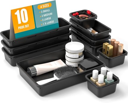 10 PCS Drawer Organizer Set, 4 Size Makeup Drawer Divider Organizer With Non-Slip Pads, Interlocking Plastic Storage Bins for Office,Jewelry Vanity,Gadgets, Bathroom,Kitchen, Black 10 PCS Drawer Organizer Set, 4 Size Makeup Drawer Divider Organizer With Non-Slip Pads, Interlocking Plastic Storage Bins for Office,Jewelry Vanity,Gadgets, Bathroom,Kitchen, Black