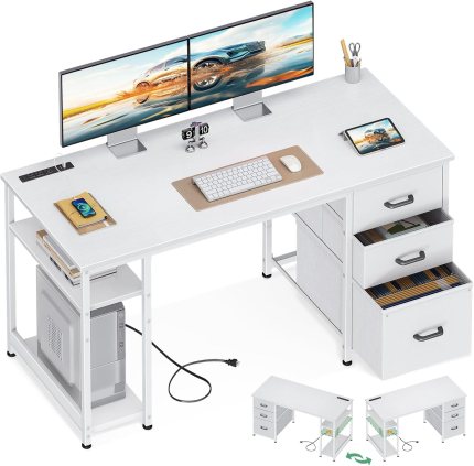AODK 51 Inch Computer Desk with File Drawers & USB Power Outlets- Reversible Home Office Desk with Storage Shelves, Work from Home, Modern Work/Writing/Study Table for Bedroom, White AODK 51 Inch Computer Desk with File Drawers & USB Power Outlets- Reversible Home Office Desk with Storage Shelves, Work from Home, Modern Work/Writing/Study Table for Bedroom, White