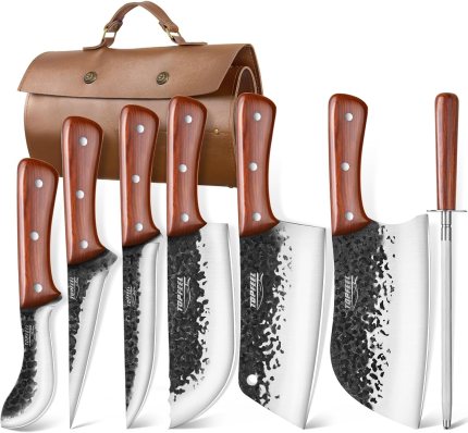 8PCS Chef Butcher Fish Knife Set for Meat Cutting with Roll Bag, Hand Forged Meat Cleaver Knife Boning Carving Knife Set for Home、Camping、BBQ 8PCS Chef Butcher Fish Knife Set for Meat Cutting with Roll Bag, Hand Forged Meat Cleaver Knife Boning Carving Knife Set for Home、Camping、BBQ