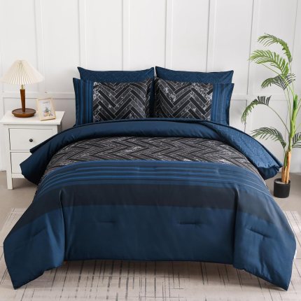 Luxudecor Navy Blue Comforter Set King Size, 7 Pieces Stripe Geometric Bed in a Bag, Soft Microfiber Navy Comforter and Sheet Set Complete Bedding Sets for All Seasons 104″×90″ Luxudecor Navy Blue Comforter Set King Size, 7 Pieces Stripe Geometric Bed in a Bag, Soft Microfiber Navy Comforter and Sheet Set Complete Bedding Sets for All Seasons 104″×90″