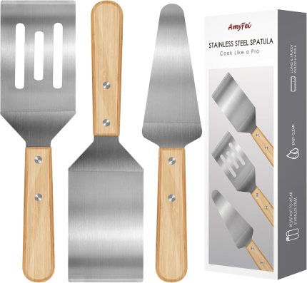 3 Pieces Stainless Steel Spatula Set,Metal Spatula for Cast Iron Skillet,Metal Spatula for Cooking with Wooden Handle,Metal Spatulas for kitchen use for Pancakes,Frying steak,Burger and Desserts 3 Pieces Stainless Steel Spatula Set,Metal Spatula for Cast Iron Skillet,Metal Spatula for Cooking with Wooden Handle,Metal Spatulas for kitchen use for Pancakes,Frying steak,Burger and Desserts