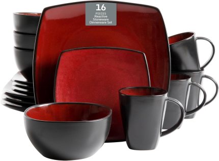 Gibson Soho Lounge Square Reactive Glaze Dinnerware Set, Red, Service for 4 (16pcs) Gibson Soho Lounge Square Reactive Glaze Dinnerware Set, Red, Service for 4 (16pcs)