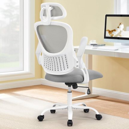 Sweetcrispy Office Computer Desk Chair, Ergonomic High-Back Mesh Rolling Work Chairs with Wheels and Adjustable Headrests, Comfortable Lumbar Support, Comfy Flip-up Arms for Home, Bedroom, Light Grey Sweetcrispy Office Computer Desk Chair, Ergonomic High-Back Mesh Rolling Work Chairs with Wheels and Adjustable Headrests, Comfortable Lumbar Support, Comfy Flip-up Arms for Home, Bedroom, Light Grey