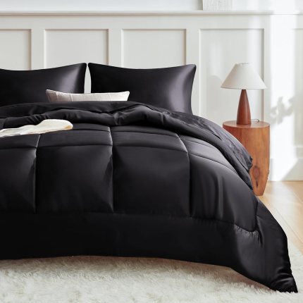 MR&HM Queen Comforter Set Black, Reversible Satin Microfiber Comforter Set for All Seasons, 3 Pieces Non-Slip Silky Soft Bedding Sets with 1 Comforter (90″x90″) and 2 Pillowcases (20″x26″) MR&HM Queen Comforter Set Black, Reversible Satin Microfiber Comforter Set for All Seasons, 3 Pieces Non-Slip Silky Soft Bedding Sets with 1 Comforter (90″x90″) and 2 Pillowcases (20″x26″)