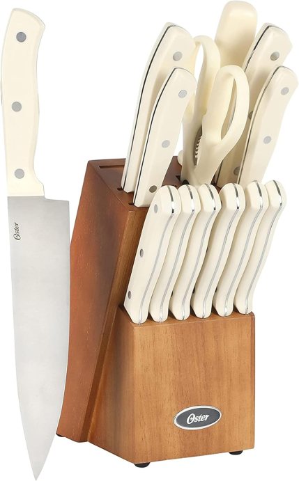 Oster Evansville 14 Piece Cutlery Kitchen Knife Block Set, Stainless Steel w/Linen White Handles – Cuchillos Para Cocina Oster Evansville 14 Piece Cutlery Kitchen Knife Block Set, Stainless Steel w/Linen White Handles – Cuchillos Para Cocina