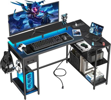 47 inch Gaming Desk with Power Outlet & LED Light, Reversible L Shaped Desk, L Shaped Desk with Hook & Monitor Stand, Computer Desk with Drawer and Shelves for Home Office Bedroom 47 inch Gaming Desk with Power Outlet & LED Light, Reversible L Shaped Desk, L Shaped Desk with Hook & Monitor Stand, Computer Desk with Drawer and Shelves for Home Office Bedroom