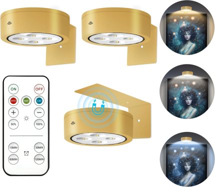 3Pcs Battery Operated Picture Light, Magnetic Led Painting Light with Remote Dimmable and Timer, 3 Lighting Modes Art Display Light for Picture Frame Paintings, Wireless Wall Decor Puck Lights, Gold 3Pcs Battery Operated Picture Light, Magnetic Led Painting Light with Remote Dimmable and Timer, 3 Lighting Modes Art Display Light for Picture Frame Paintings, Wireless Wall Decor Puck Lights, Gold