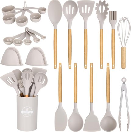 24 Pcs Kitchen Cooking Utensils Set,446°F Heat Resistant Non-Stick Silicone Kitchen Utensil Set With Wooden Handles and Holder,Kitchen Gadgets for Cookware,Kitchen Accessories,Khaki 24 Pcs Kitchen Cooking Utensils Set,446°F Heat Resistant Non-Stick Silicone Kitchen Utensil Set With Wooden Handles and Holder,Kitchen Gadgets for Cookware,Kitchen Accessories,Khaki
