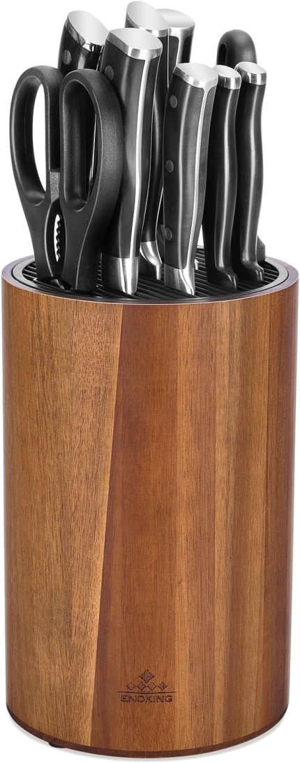 Enoking Universal Knife Block Holder with Plastic Lid, Acacia Wood Knife Block without Knives for Scissors, Sharpening Rod and Knives, Round Knife Storage Organizer Display Enoking Universal Knife Block Holder with Plastic Lid, Acacia Wood Knife Block without Knives for Scissors, Sharpening Rod and Knives, Round Knife Storage Organizer Display