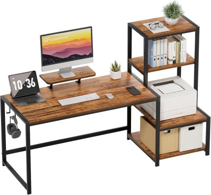 GreenForest Computer Desk 58 inch with Printer Shelf, Reversible Office Desk with Monitor Stand and 2 Hooks, Home Workstation for Study Writing Working Gaming, Brown GreenForest Computer Desk 58 inch with Printer Shelf, Reversible Office Desk with Monitor Stand and 2 Hooks, Home Workstation for Study Writing Working Gaming, Brown