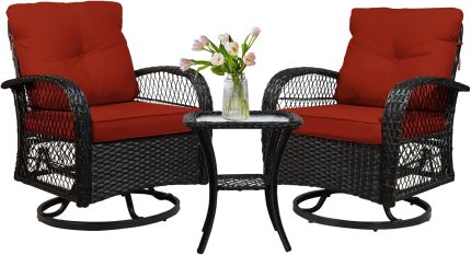 3 Pieces Patio Furniture Set, Outdoor Wicker Patio Chairs with Thick Cushions and Glass Coffee Table, Modern PE Rattan Conversation Set, Patio Bistro Set for Porch, Deck, Yard, and Garden (Red) 3 Pieces Patio Furniture Set, Outdoor Wicker Patio Chairs with Thick Cushions and Glass Coffee Table, Modern PE Rattan Conversation Set, Patio Bistro Set for Porch, Deck, Yard, and Garden (Red)