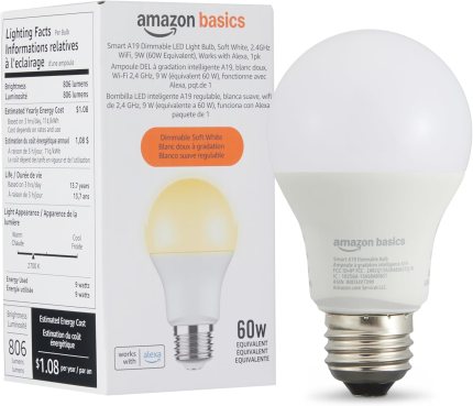 Amazon Basics Smart A19 LED Light Bulb, Dimmable Soft White (2700K), 9W (60W Equivalent), 800LM, Works with Alexa Only, 2.4 GHz Wi-Fi, No Hub Required, 1 Pack Amazon Basics Smart A19 LED Light Bulb, Dimmable Soft White (2700K), 9W (60W Equivalent), 800LM, Works with Alexa Only, 2.4 GHz Wi-Fi, No Hub Required, 1 Pack