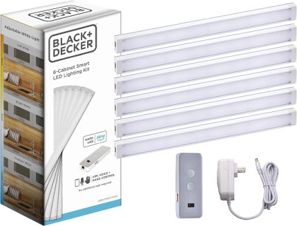 BLACK+DECKER Works with Alexa Smart Under Cabinet Lighting Kit, Adjustable LEDs, (6) 9″ Bars, White BLACK+DECKER Works with Alexa Smart Under Cabinet Lighting Kit, Adjustable LEDs, (6) 9″ Bars, White