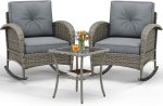 YITAHOME 3-Piece Wicker Rocking Chair Set, Outdoor Patio Furniture Set with Plush Cushions, PE Rattan Bistro Set Including Side Table for Garden, Backyard, Porch, and Patio Use, Grey YITAHOME 3-Piece Wicker Rocking Chair Set, Outdoor Patio Furniture Set with Plush Cushions, PE Rattan Bistro Set Including Side Table for Garden, Backyard, Porch, and Patio Use, Grey