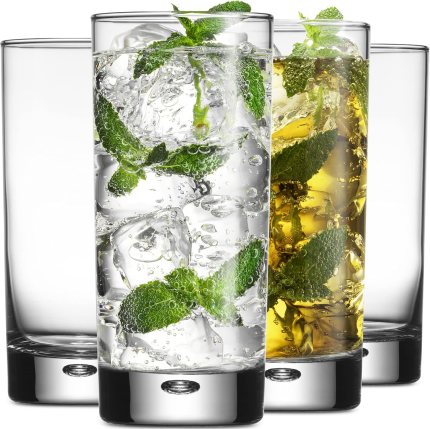 Home Essentials & Beyond Highball Glasses set of 4, 17 oz Drinking Glasses, Red Series Heavy Bubble Base Home Essentials & Beyond Highball Glasses set of 4, 17 oz Drinking Glasses, Red Series Heavy Bubble Base