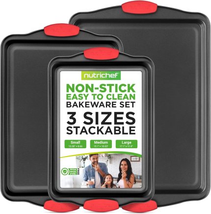 NutriChef 3-Piece Nonstick Kitchen Oven Baking Pans – Premium & Stylish Non-Stick Steel, Commercial Grade Restaurant Quality Metal Bakeware with Red Silicone Handles – Easy to Clean, NCSBS3S NutriChef 3-Piece Nonstick Kitchen Oven Baking Pans – Premium & Stylish Non-Stick Steel, Commercial Grade Restaurant Quality Metal Bakeware with Red Silicone Handles – Easy to Clean, NCSBS3S