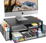 Desk Organizer and Accessories, 2-Tier Computer Monitor Stand Riser with Drawer and 2 Pen Holders, Office Desk Accessories for Office Supplies, Black Desk Organizer and Accessories, 2-Tier Computer Monitor Stand Riser with Drawer and 2 Pen Holders, Office Desk Accessories for Office Supplies, Black