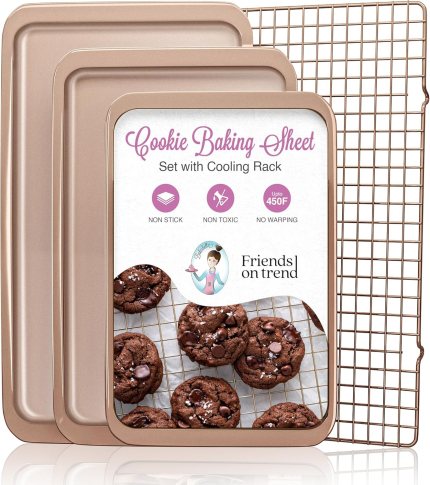 3 Cookie Sheets for Baking + Cooling Rack, Non Stick Baking Sheet Set with Cookie Cooling Rack – Half/Quarter/Jelly Roll Pan with Wire Rack, Sheet Pan Set of 3, Non Toxic Baking Sheets for Oven. 3 Cookie Sheets for Baking + Cooling Rack, Non Stick Baking Sheet Set with Cookie Cooling Rack – Half/Quarter/Jelly Roll Pan with Wire Rack, Sheet Pan Set of 3, Non Toxic Baking Sheets for Oven.