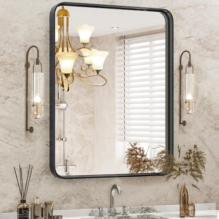 DUMOS Black Metal Framed Vanity Rounded Rectangle Bathroom Mirrors for Over Sink Wall, 36×24 Inch Large Matte Mirror, Modern Decorative for Restroom, Farmhouse, Horizontally or Vertically Hanging DUMOS Black Metal Framed Vanity Rounded Rectangle Bathroom Mirrors for Over Sink Wall, 36×24 Inch Large Matte Mirror, Modern Decorative for Restroom, Farmhouse, Horizontally or Vertically Hanging