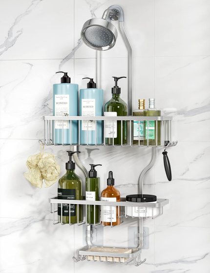 YASONIC Shower Caddy Hanging – Never Rust Shower Organizer – Aluminum Over The Shower Head Caddy with 10 Hooks for Razor/Sponge – Shower Rack with Soap Basket – Silver YASONIC Shower Caddy Hanging – Never Rust Shower Organizer – Aluminum Over The Shower Head Caddy with 10 Hooks for Razor/Sponge – Shower Rack with Soap Basket – Silver