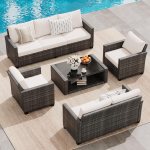 5 Pieces Patio Furniture Set, 7-Seater Rattan Wicker Patio Conversation Sets with Coffee Table, Outdoor Sectional Patio Sofa Set, Grey Rattan and Beige Cushions 5 Pieces Patio Furniture Set, 7-Seater Rattan Wicker Patio Conversation Sets with Coffee Table, Outdoor Sectional Patio Sofa Set, Grey Rattan and Beige Cushions