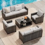 5 Pieces Patio Furniture Set, 7-Seater Rattan Wicker Patio Conversation Sets with Coffee Table, Outdoor Sectional Patio Sofa Set, Grey Rattan and Grey Cushions 5 Pieces Patio Furniture Set, 7-Seater Rattan Wicker Patio Conversation Sets with Coffee Table, Outdoor Sectional Patio Sofa Set, Grey Rattan and Grey Cushions