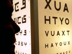 Gotas para los ojos podrían reemplazar las gafas y cirugías para la presbicia Persona observando de cerca un cartel luminoso de optometría con filas de letras en distintos tamaños, utilizado para pruebas de agudeza visual.