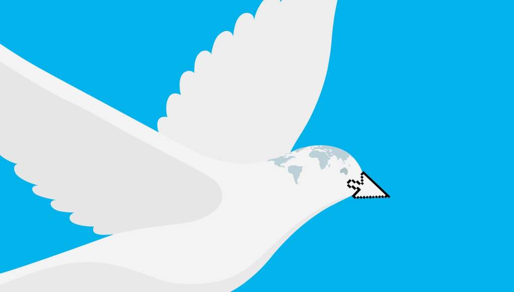 Ilustración minimalista de una paloma blanca en vuelo sobre un fondo azul. En la cabeza de la paloma se observa un mapa del mundo y su pico tiene forma de cursor digital en píxeles. Ilustración minimalista de una paloma blanca en vuelo sobre un fondo azul. En la cabeza de la paloma se observa un mapa del mundo y su pico tiene forma de cursor digital en píxeles.