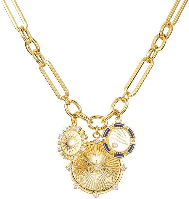 Brass with 18K Gold Plated Sun Mountain River Landscape Necklace Created Pearl Zircons Inlaid Radial Line Unique Design Ins Hip Hop Unisex Choker Chain for Girls Women Brass with 18K Gold Plated Sun Mountain River Landscape Necklace Created Pearl Zircons Inlaid Radial Line Unique Design Ins Hip Hop Unisex Choker Chain for Girls Women