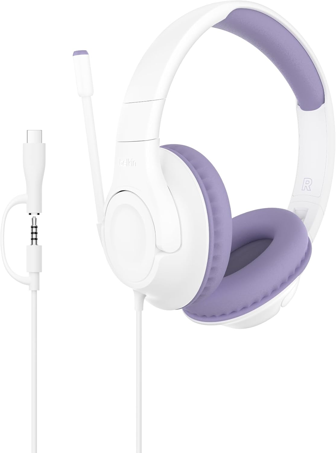 Belkin SoundForm Inspire Wired Over-Ear Headset for Kids, Online Learning & Travel w/Built-in Boom Mic, 85dB Safe Volume Limit – USB-C & 3.5mm – Compatible w/iPhone, iPad, Galaxy & More – Lavender Belkin SoundForm Inspire Wired Over-Ear Headset for Kids, Online Learning & Travel w/Built-in Boom Mic, 85dB Safe Volume Limit – USB-C & 3.5mm – Compatible w/iPhone, iPad, Galaxy & More – Lavender
