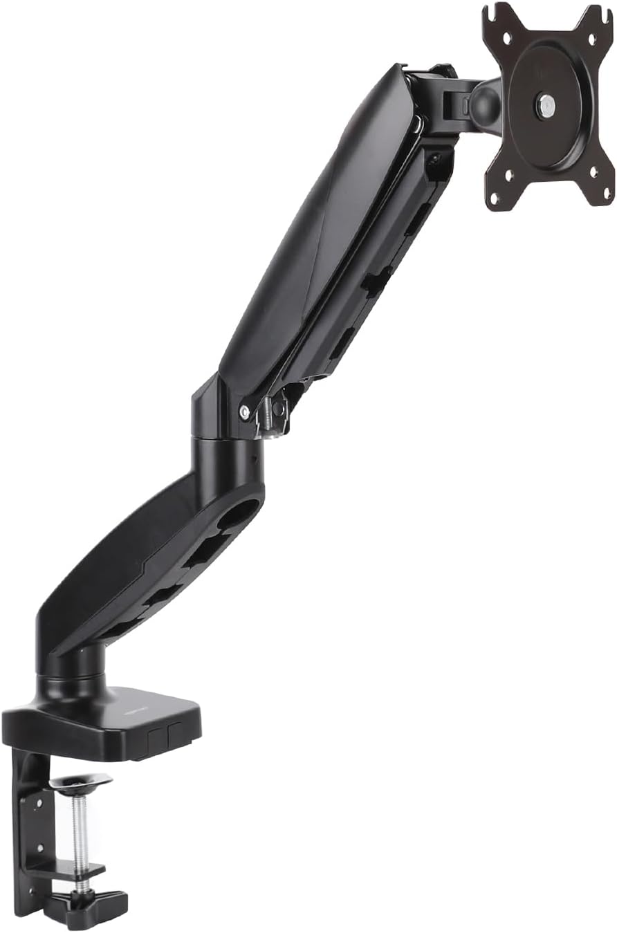Amazon Basics Gas Spring Single Computer Monitor Arm Mount, Adjustable, Holds up to 27″ Monitors, Black Amazon Basics Gas Spring Single Computer Monitor Arm Mount, Adjustable, Holds up to 27″ Monitors, Black