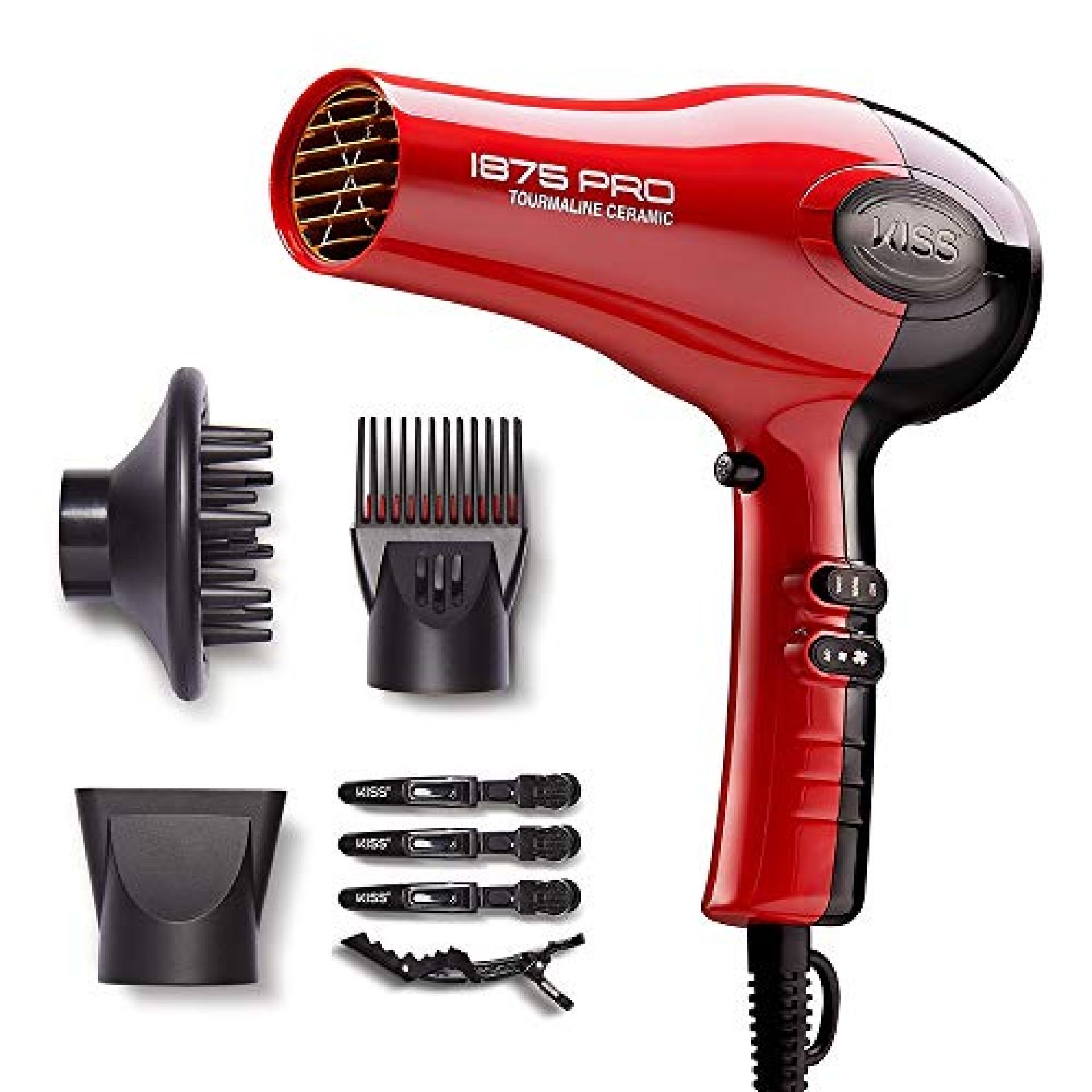 KISS 1875 Watt Pro Tourmaline Ceramic Hair Dryer, 3 Heat Settings, 2 Speed Slide Switch, Cool Shot Button, 2 Detangler Combs, 1 Concentrator, 1 Diffuser, Removable Filter Cap & 4 Sectioning Clips KISS 1875 Watt Pro Tourmaline Ceramic Hair Dryer, 3 Heat Settings, 2 Speed Slide Switch, Cool Shot Button, 2 Detangler Combs, 1 Concentrator, 1 Diffuser, Removable Filter Cap & 4 Sectioning Clips