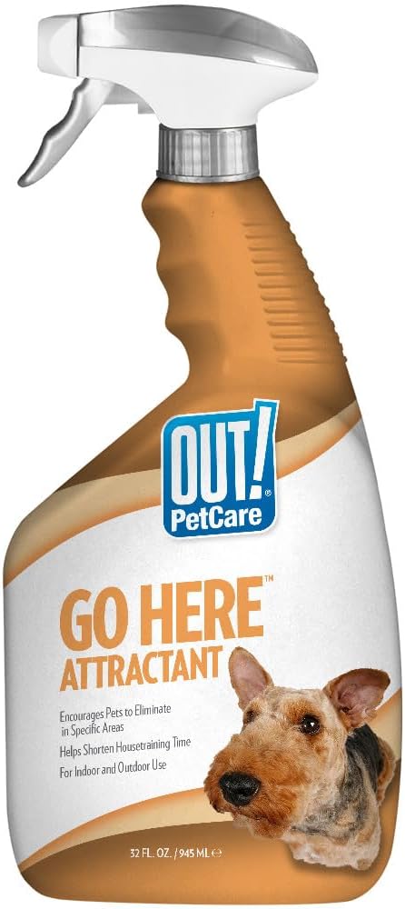 OUT! PetCare Go Here Attractant Dog and Puppy Potty Training Spray, Safe, Effective, Indoor and Outdoor House Training Tool for Pee and Poop, 32 oz OUT! PetCare Go Here Attractant Dog and Puppy Potty Training Spray, Safe, Effective, Indoor and Outdoor House Training Tool for Pee and Poop, 32 oz